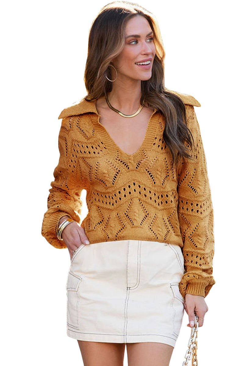 Khaki Hollowed Pattern Knit V Neck Collared Sweater