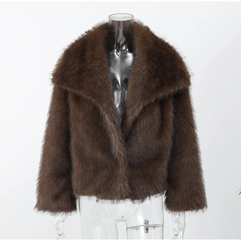 Luxury Fluffy Women Faux Fur Overcoat Fashion Lapel Long Sleeve Pockets Cardigan Jacket Winter Female Chic Thick Streetwear 2024