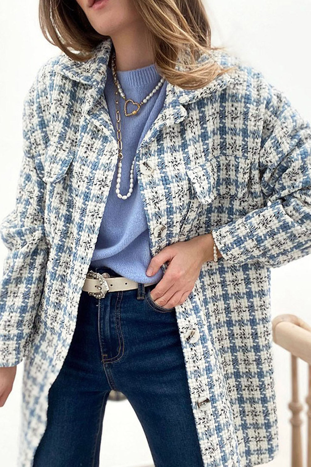 Sky Blue Plaid Print Button Knitted Jacket with Pocket