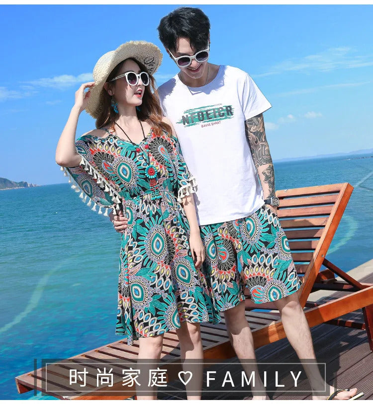 Family Matching Outfits 2022 Summer Beach Mother Daughter Floral Dresses Dad Son Cotton T-shirt & Shorts Couple Outfit Seaside