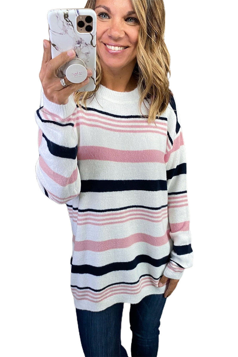 Pink Striped Crewneck Long Sleeve Sweater