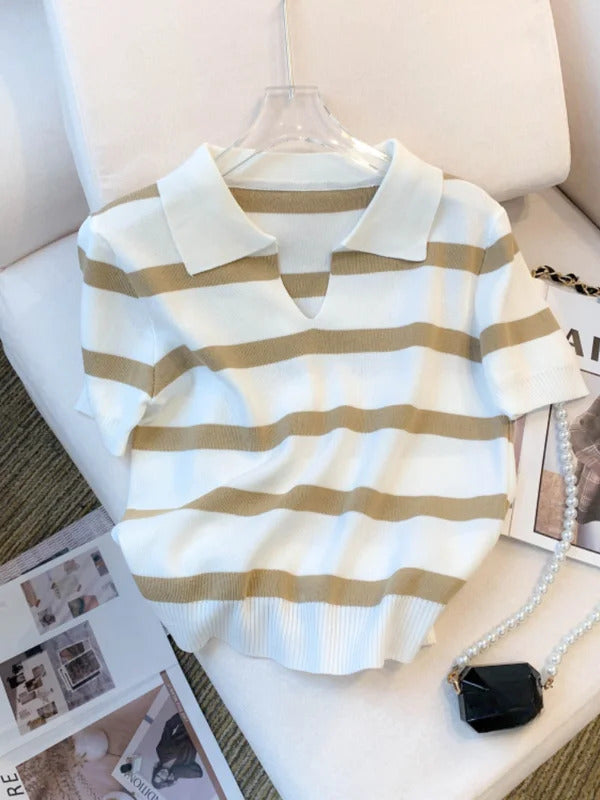 2024 New Striped Pattern Collared Sweater Versatile Short Sleeve Knitted Top For Spring & Summer Women's Clothing Crop Top