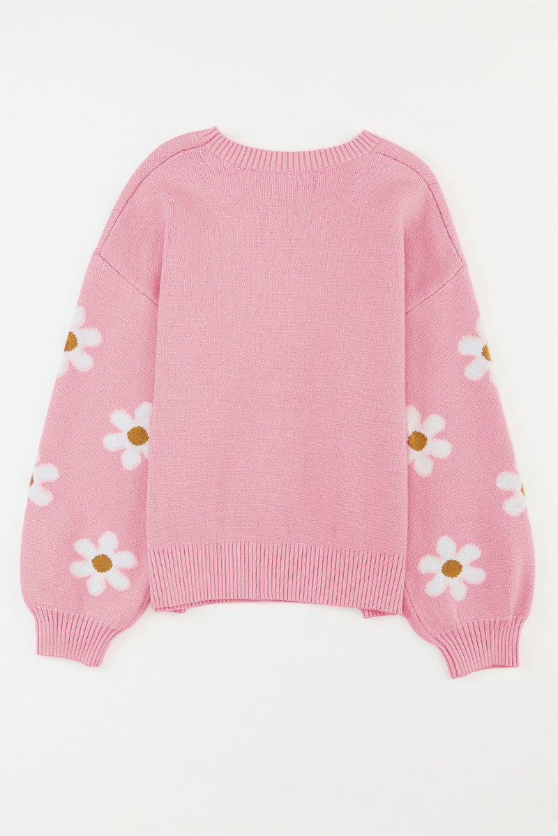 Pale Khaki Pink Floral Pattern Drop Shoulder Sweater