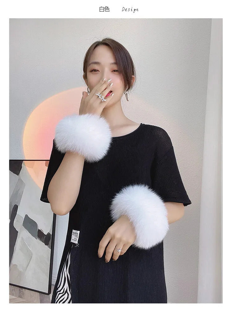 Natural Fox Fur Cuffs Wrist Arm Warmer Women Jacket Coat Sleeve Fur Triming Ladies Bracelet Real Fur Wristand Glove Snap Ring