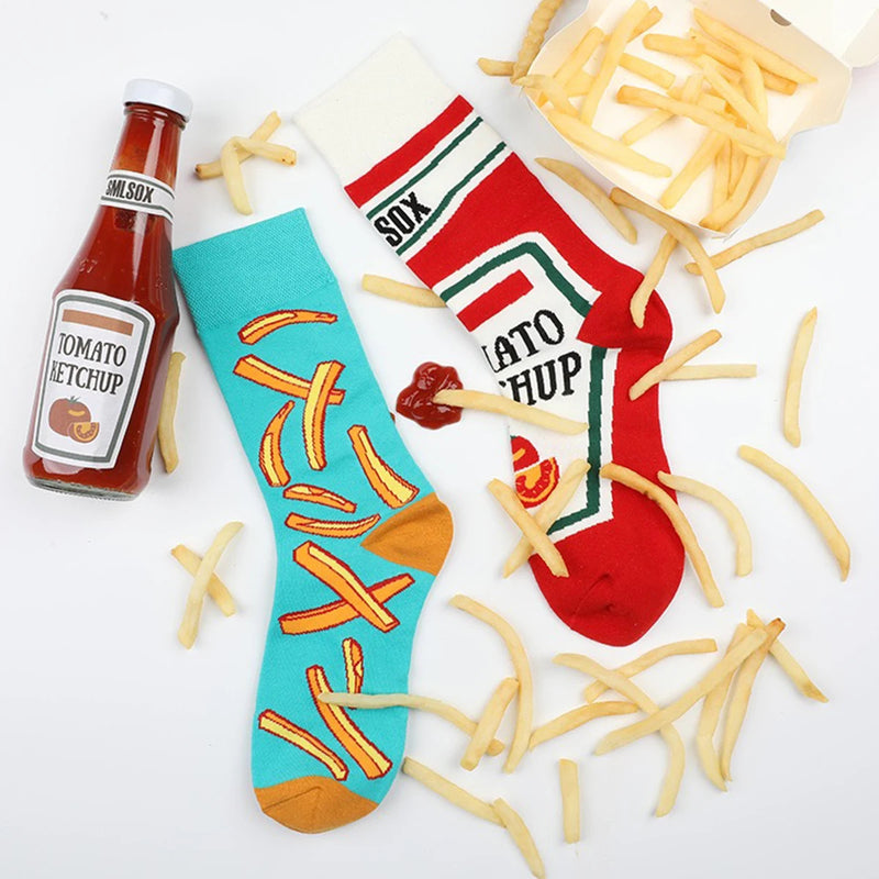 1 Pair Unisex Funny AB Style Tomato Ketchup French Fry Printed Mid-Calf Socks Suit In All Seasons