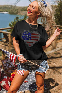 Black Rhinestone American Flag Heart Shape Graphic T Shirt