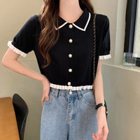 Sweet Women Shirt Korean Knitted Turn Down Collar Chic Short Sleeve Female Blouse Summer Retro Slim All Match Ladies Crop Tops