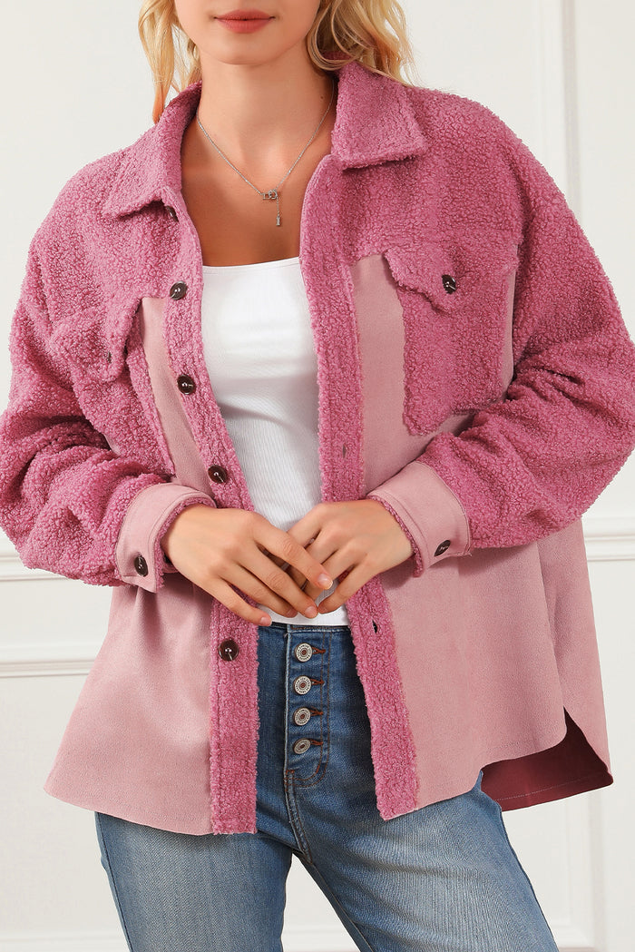 Pink Colorblock Buttoned Flap Pocket Sherpa Shacket