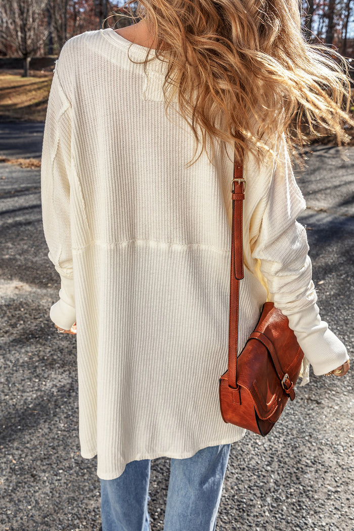 White Waffle Knit Exposed Seam V Neck Oversized Top