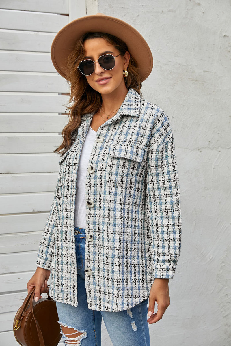 Sky Blue Plaid Print Button Knitted Jacket with Pocket