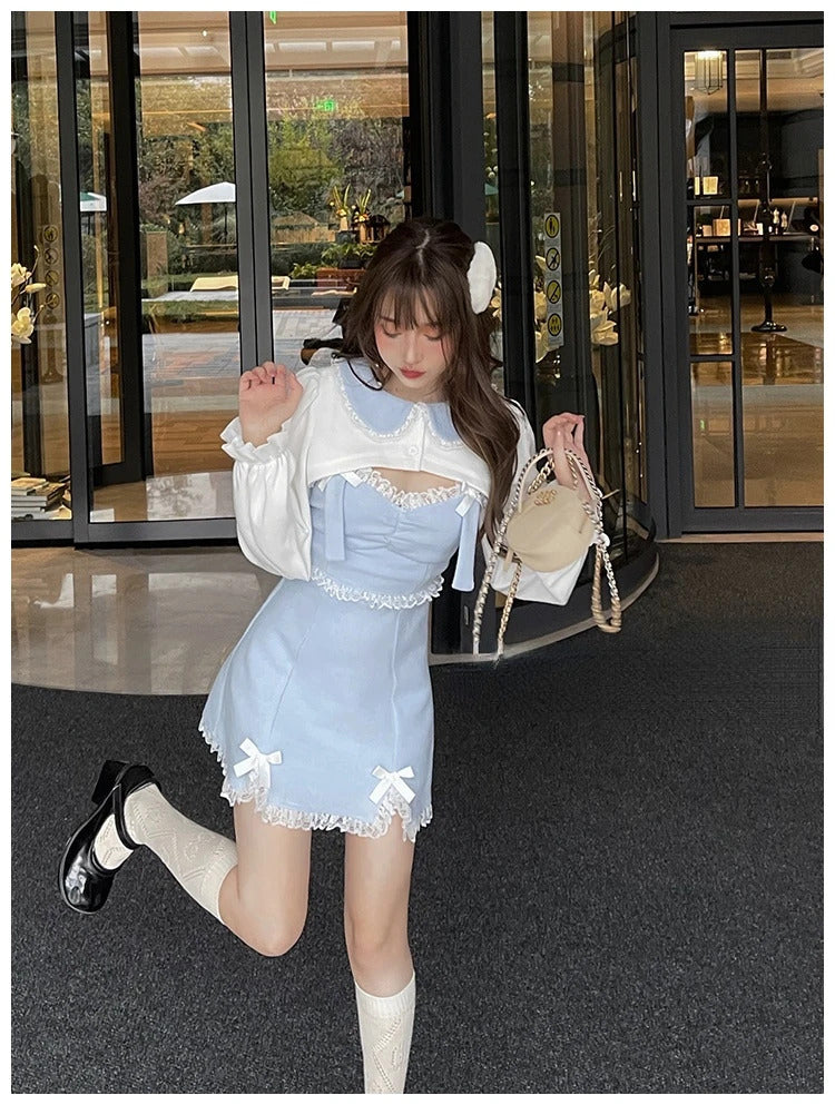 Lace Japanese Sweet Lolita Dress Women Bow Pink Kawaii Party Mini Dresses Female Blue Princess Korean Fashion Dresse Winter 2024