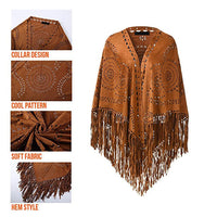 Women's Loose Suede Fringe Open Poncho Cloak Shawl Wrap with Punch Hole Patterns and Graceful Fringes Dropshipping