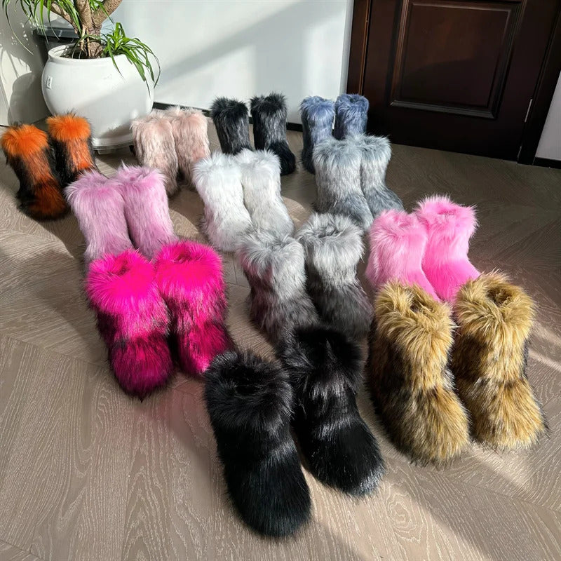 New Winter Fur Onepiece Raccoon Fur Female Snow Boots Fur Shoes Outdoor Mid Leg Boots