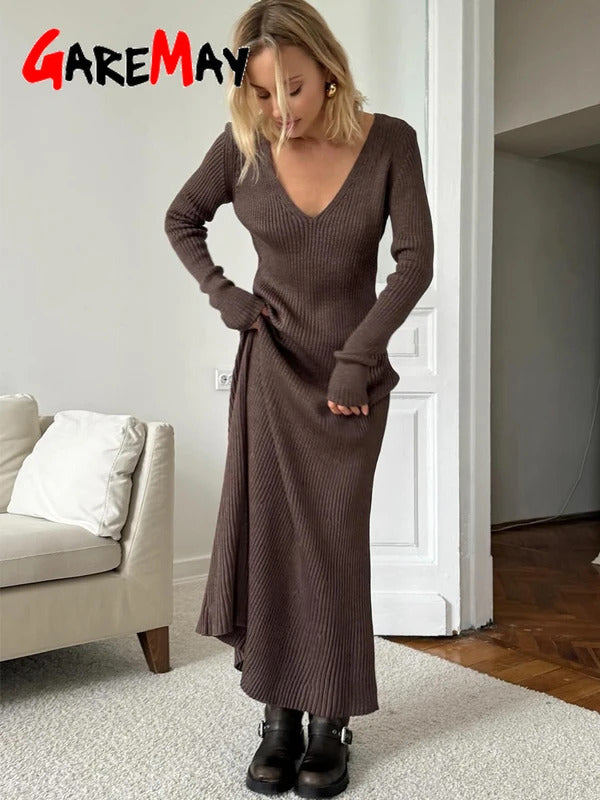 Winter Warm Women's Knitted Dress Elegant V Neck Thick  A-line Dress Brown Long Sleeve Vintage Midi Casual Dresses for Women