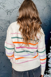 White Colorful Striped Ribbed Trim Sweater