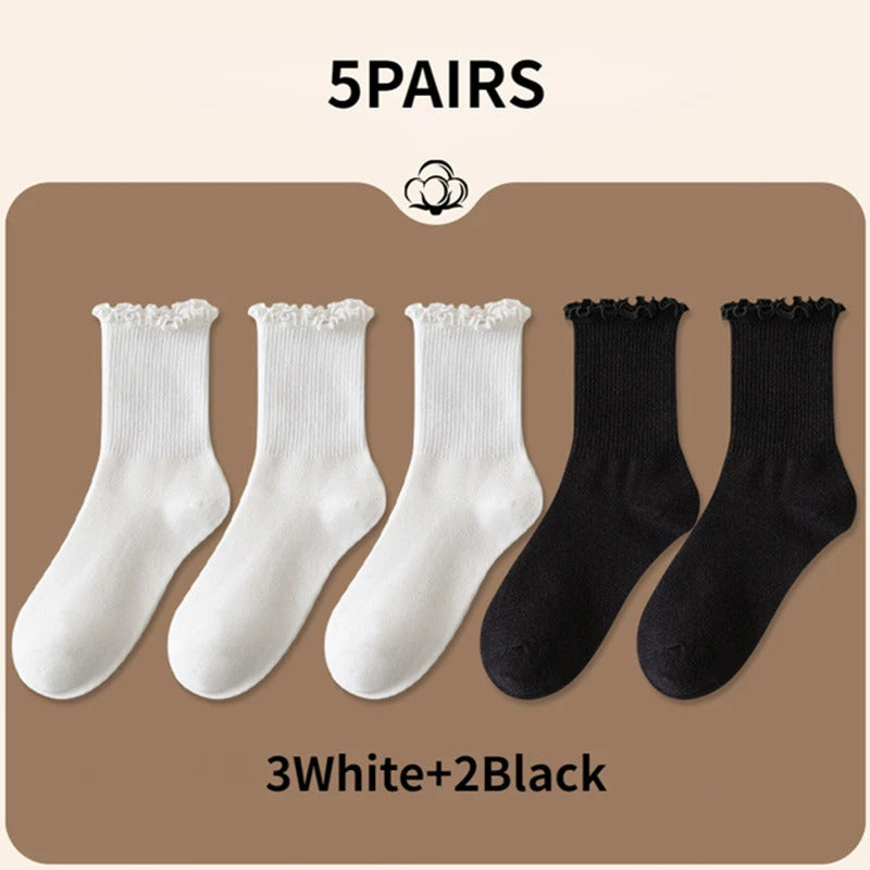 5 pair /Lot Socks for Women Ruffle Cotton Middle Tube Ankle Short Breathable Black White set Spring Autumn