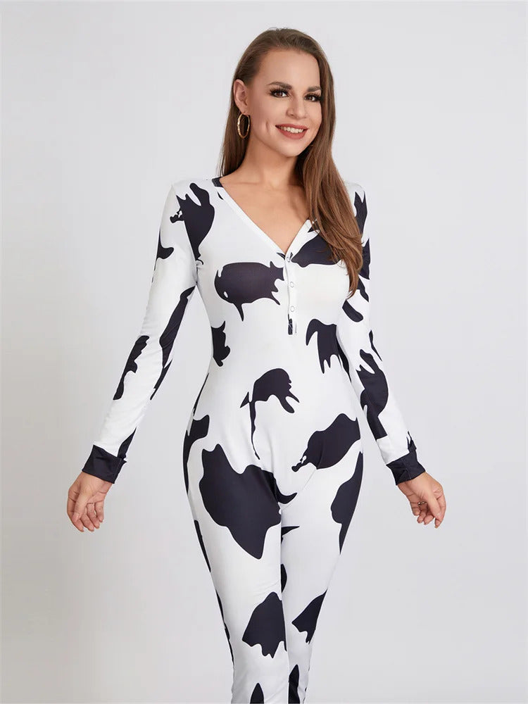 Women Buttoned Flap Jumpsuits Sleepwear Cow Printed Long Sleeve V Neck Bodycon Romper Spring Fall Loungewear