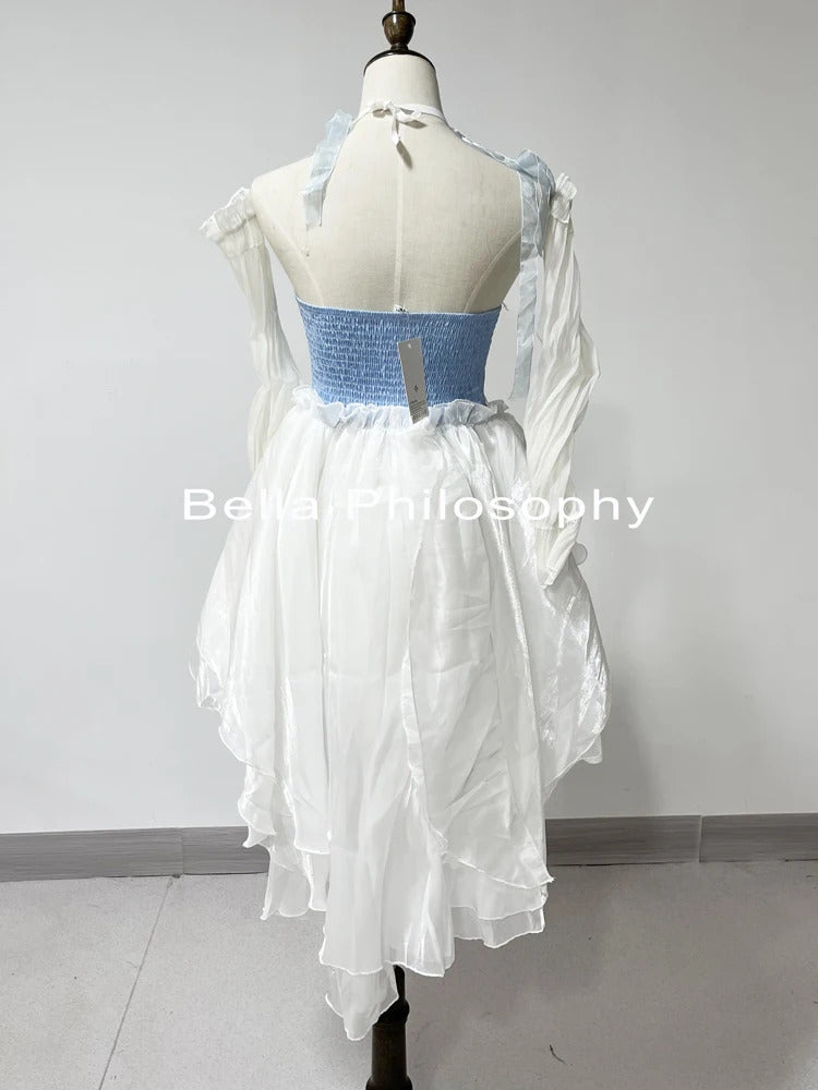 French Romantic Style Lolita Op Elegant Girl Cosplay Princess Puff Sleeve Ribbon Bowknot Flower Tunic Mesh Fantastic Fairy Dress