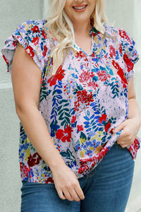 Red Plus Floral Print Ruffle Cap Sleeve V Neck Blouse