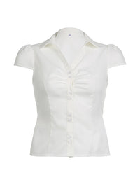 Solid Shirring Button Up Turn Down Collar Short Sleeve White Shirts Women Simple Casual Summer Clothes