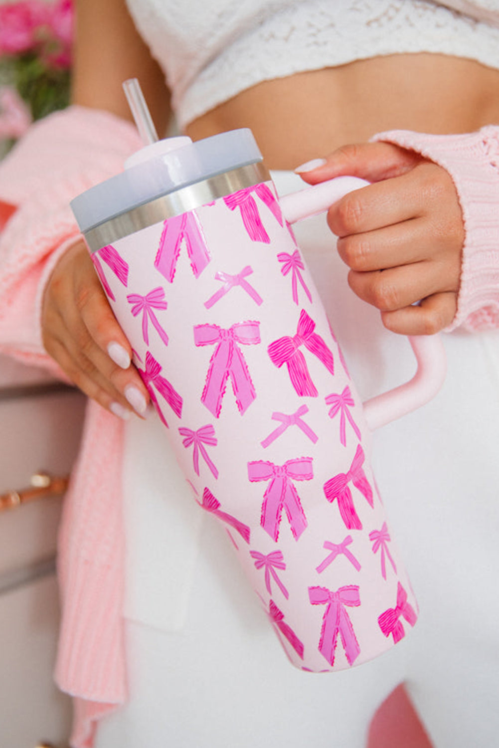 Pink Cute Bowknot Printed Tumbler with Handle 40oz