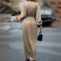 New Elegant Women's Maxi Dress With Cross Neckline Folded Pleats Slit Bubble Sleeves Irregular Long Sleeves Dress  Autumn 2024