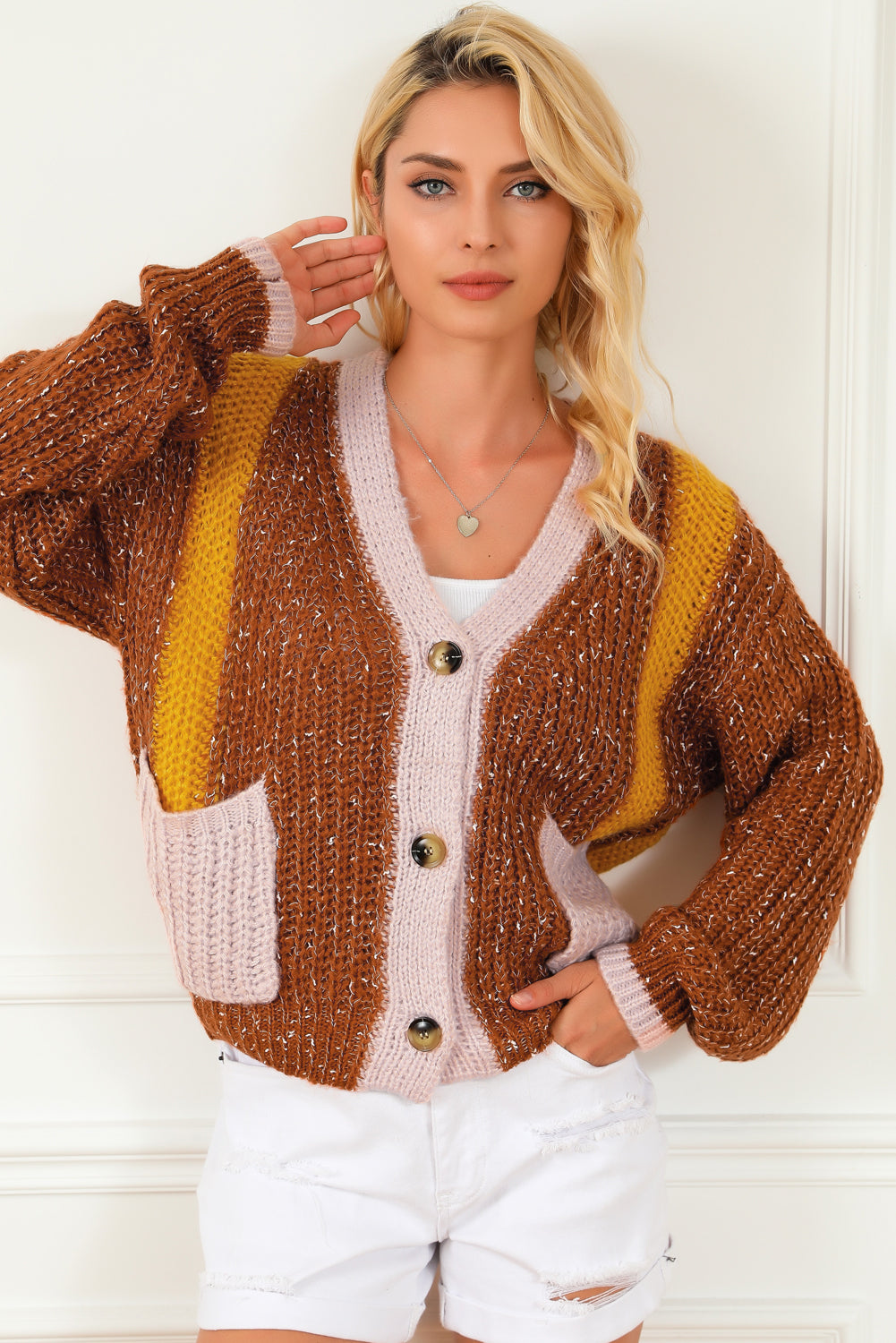 Brown Dual Pockets Colorblock Sweater Cardigan