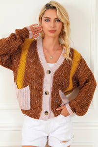 Brown Dual Pockets Colorblock Sweater Cardigan