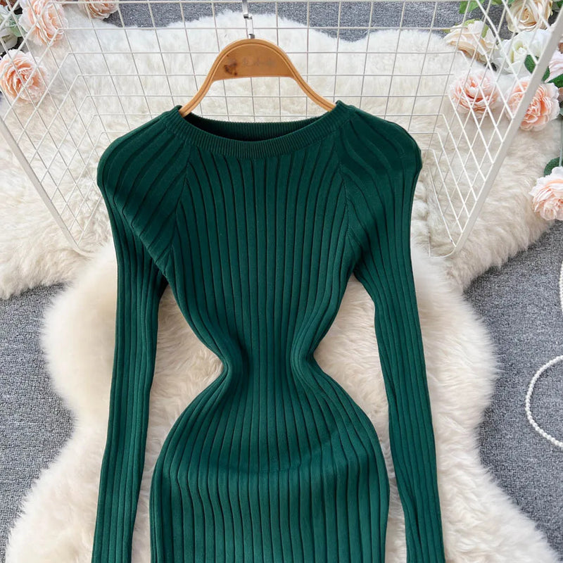 SINGREINY Winter Women Knit Maxi Dress O Neck Autumn Long Sleeve Slim Solid Harajuku Ladies Fashion Pencil Sweater Long Dresses