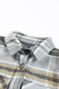 Gray Plaid Print Pocketed Shirt Jacket