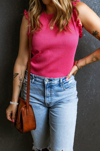 Bright Pink Ribbed Ruffled Sweater Tank