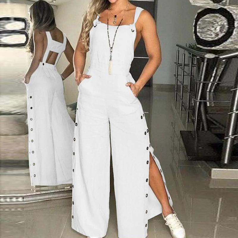 Summer Fashion Womens Sleeveless Jumpsuit Rompers Ladies Solid Wide Leg Button Openings Long Trousers Suspenders Overalls Pocket