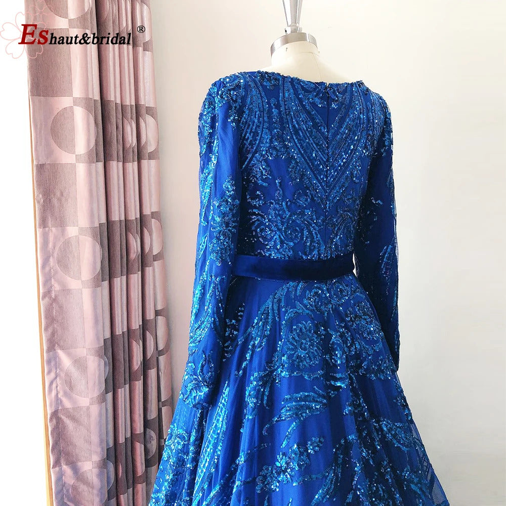 Dubai A-Line Luxury Wedding Evening Dress for Women Muslim 2024 Long Sleeves Sequin Plus Size Formal Prom Party Gown Customized