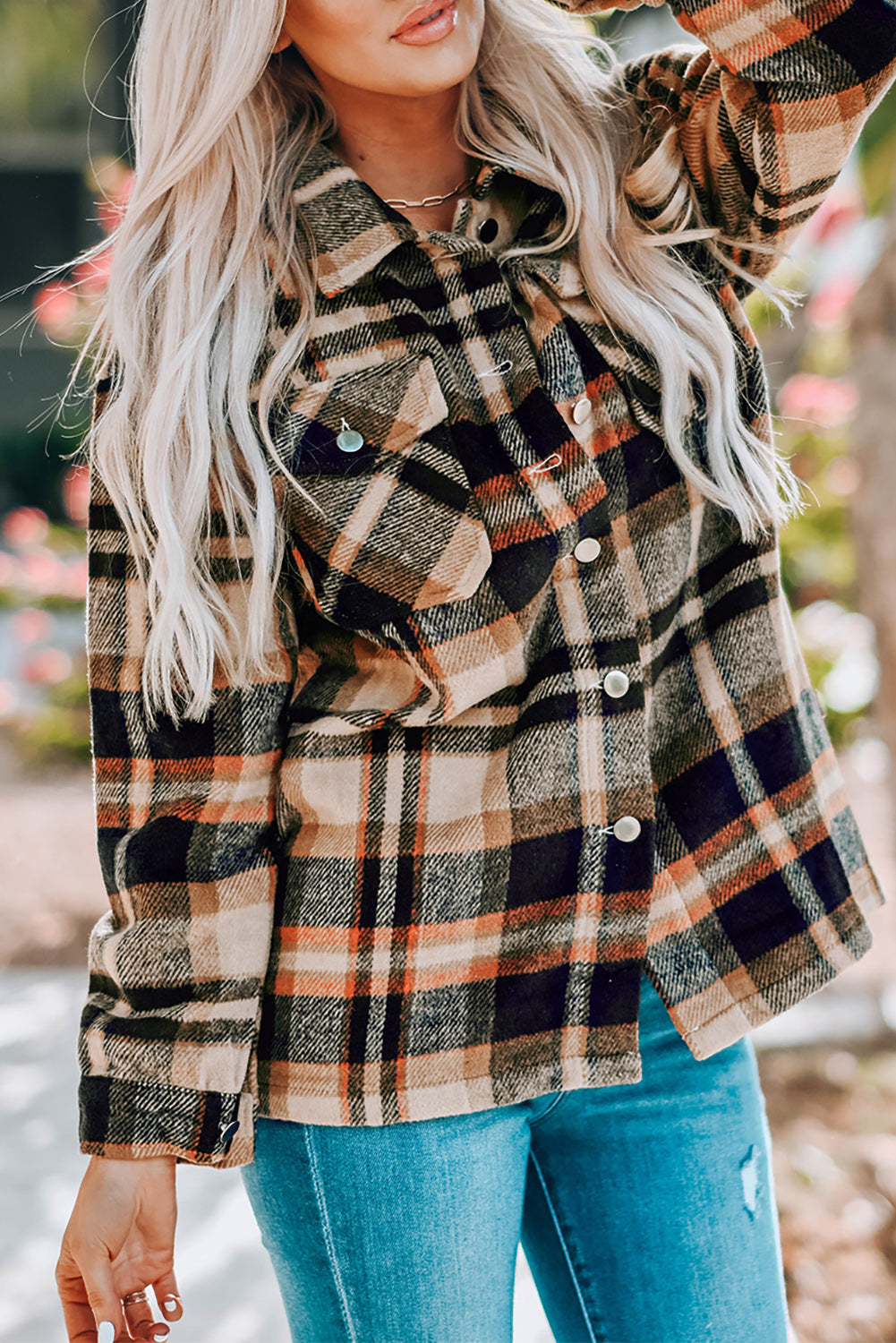 Blue Geometric Plaid Print Pocketed Shacket