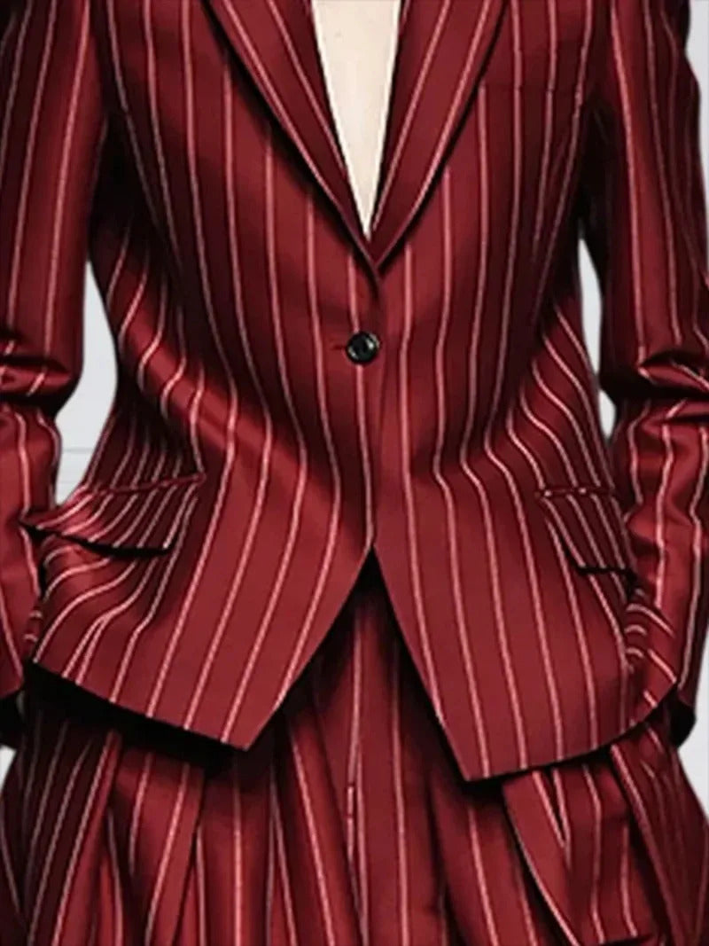 Beautyblue Blazer Set Women Notched Collar Outerwear Striped Trousers New Vintage Loose Wide Leg Long Sleeves Suit Costume Femme