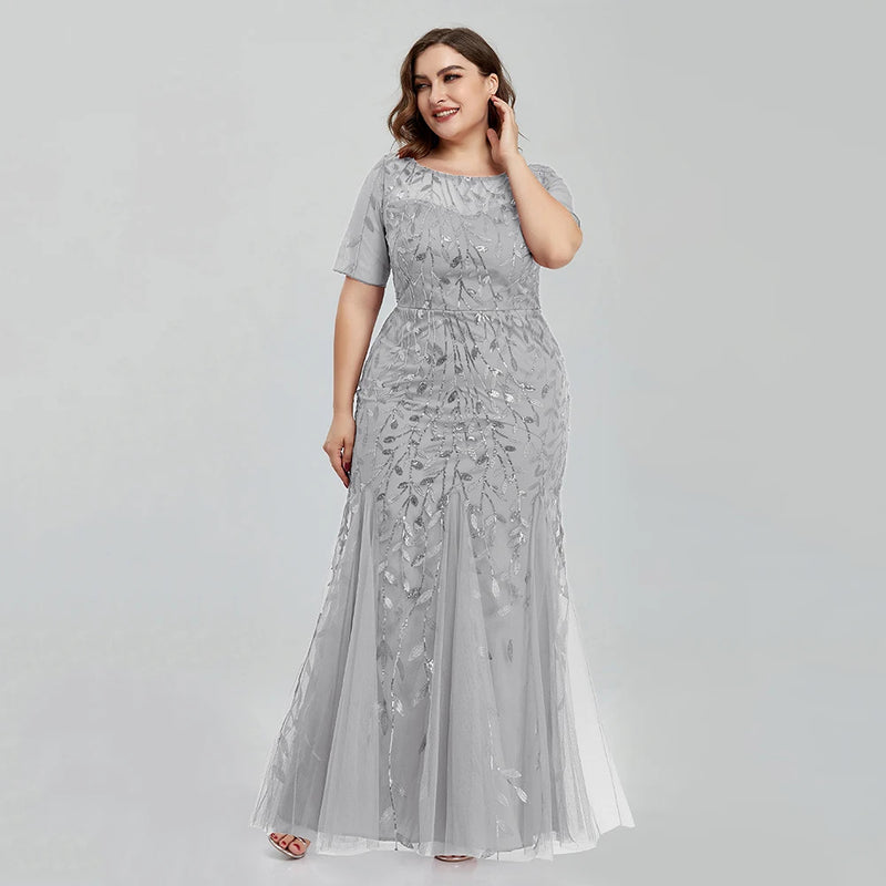 Women Plus Size Sequin Mesh Embroidery Mermaid  Evening Dress Formal Short Sleeve Elegant Party Prom Gowns 2020 New Long Dress