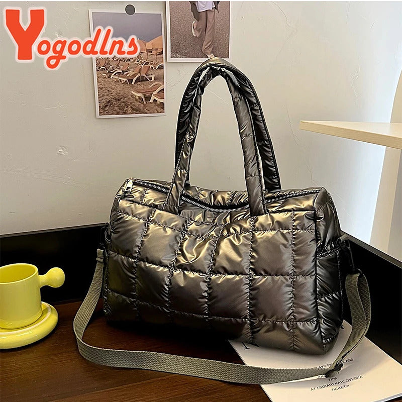 Yogodlns Luxury Space Padded Cotton Handbag Big Capacity Shoulder Bag Waterproof Nylon Bag Travel Down Crossbody Bag Purse Bolsa