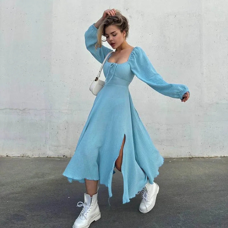 Lace-up Square Collar Sexy Dress Women Autumn Lantern Sleeve Solid Cotton Slit Robe Femme Fashion Streetwear Ladies Midi Dresses