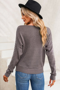 Brown Textured Knit Round Neck Dolman Sleeve Sweater