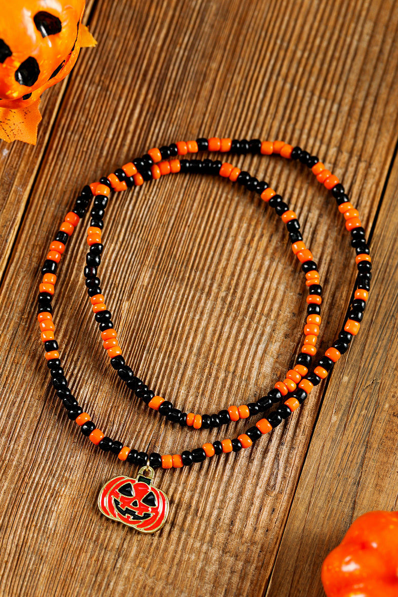 Orange Pumpkin Face Pendant Rice Beaded Halloween Necklace