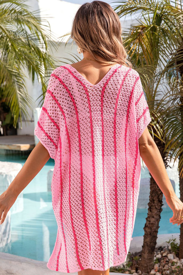 Pink Striped Crochet Loose Fit V Neck Beach Cover Up