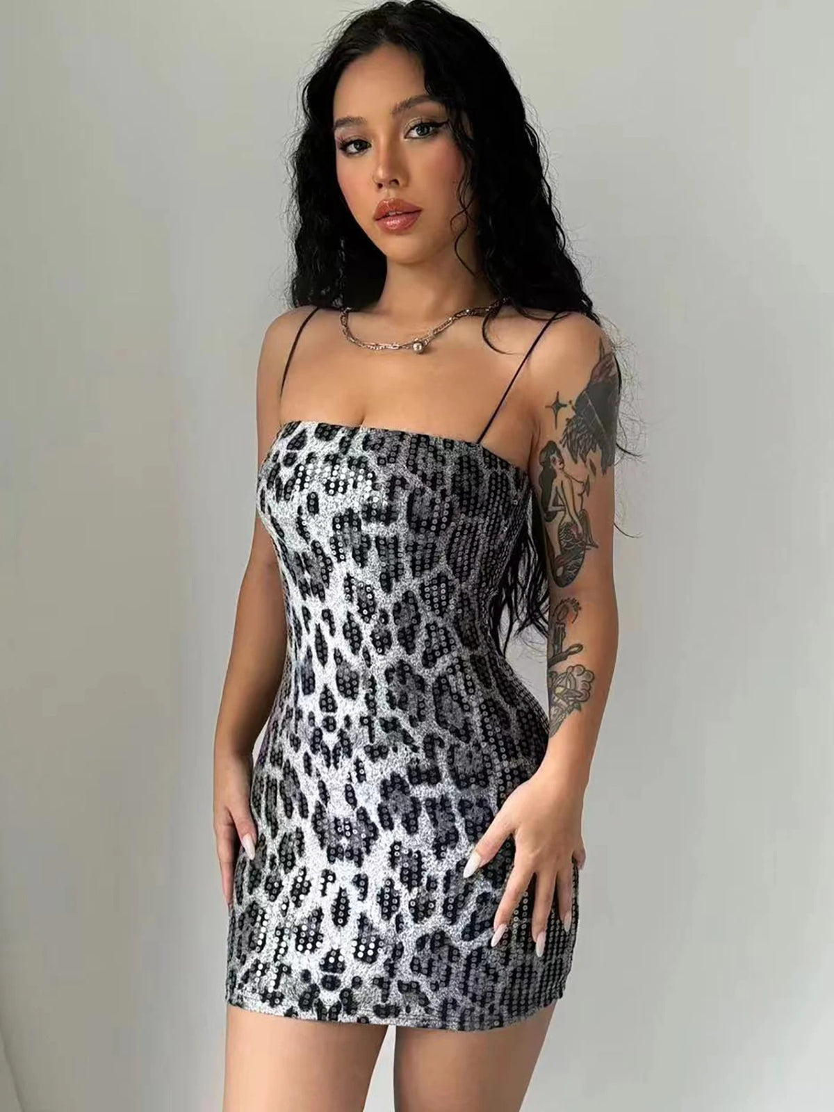 Dulzura Leopard Print Spaghetti Shoulder Strap Square Collar Mini Dress Sparkly Sequins 2023 Summer Women Party Club Y2K Clothes