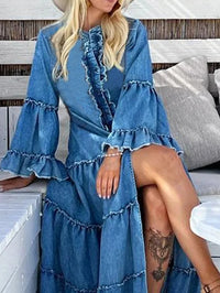 Women Demin Maxi Dress O Neck Irregular Fashion Long Dress Elegant Party Casual Long Sleeve Solid Slit Ruffled Vestidos