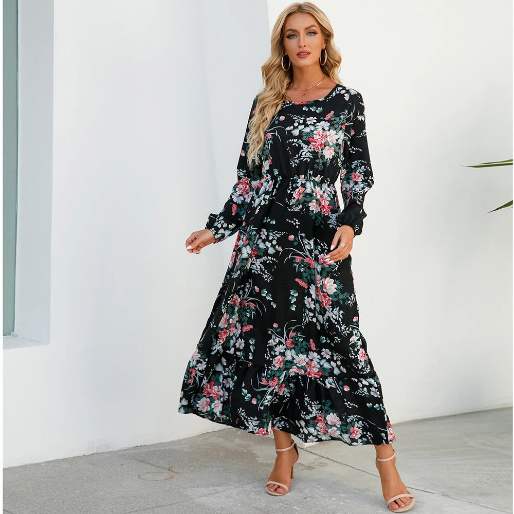 Women Maxi Dresses Sping Autumn Bohemian Casual Full Sleeve High Waist Beach Woman Chiffon Dresses Floral Vestidoes Long Dress