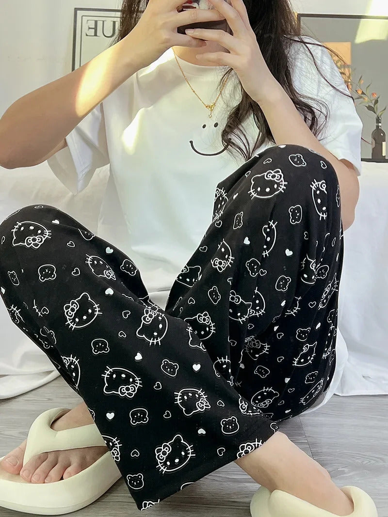 Women's Loose Round Neck Cute Kitty Homewear Pajamas Women's Simple Leisure Long Sleeve Long Pants Two-piece Suit Pajamas  Women