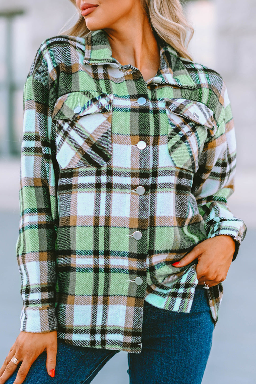 Blue Geometric Plaid Print Pocketed Shacket