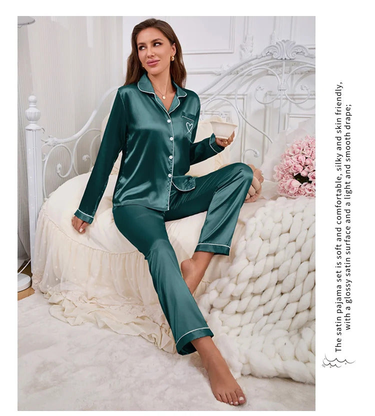 Autumn Satin Pajama for Women Heart-shaped Embroidery Sleepwear & Loungewear Long Sleeve Top & Pants Home Clothes Pyjama 2 Piece