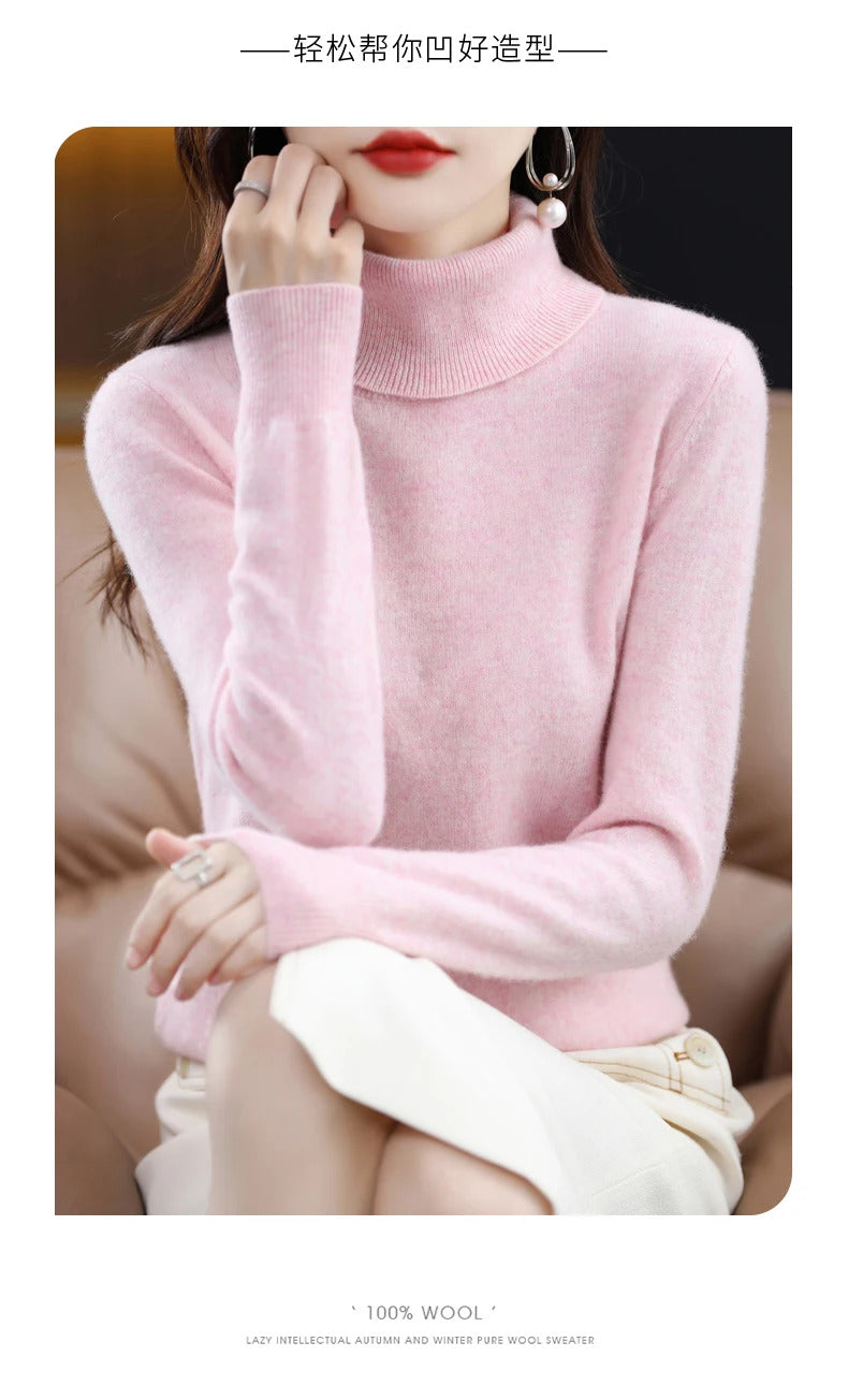 100% Merino Wool Cashmere Sweater Women Knitted Sweater Turtleneck Long Sleeve Pullovers Autumn Winter Clothing Warm Jumper Tops