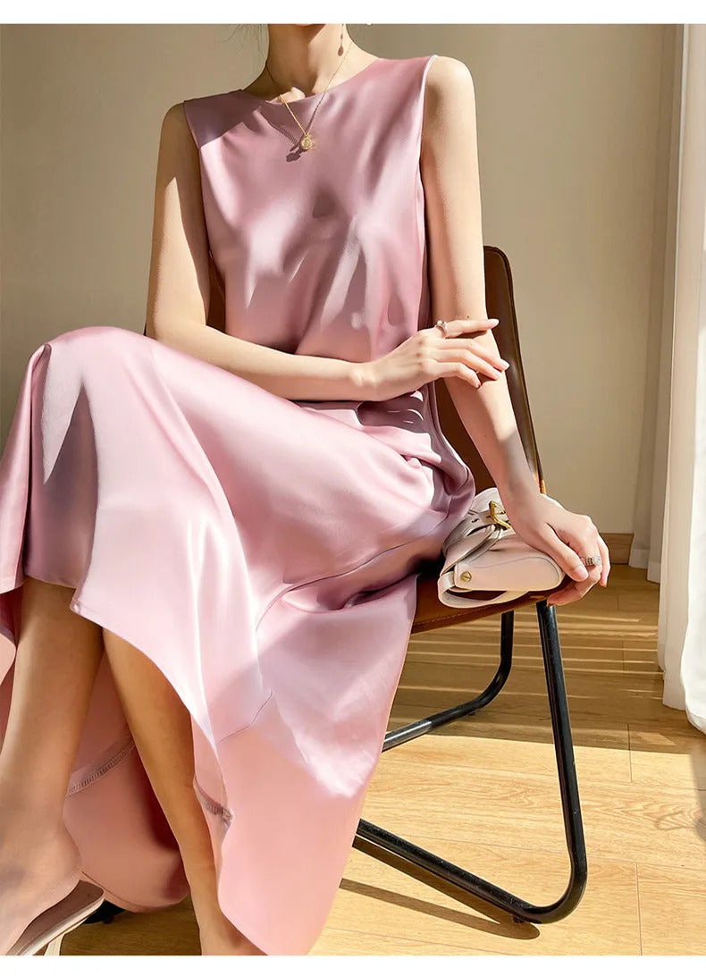 2024 Summer Robe long maxi Sundress Fashion Elegant Women's Acetate satin Dresses Sexy artificial silk Sleeveless Party Dress