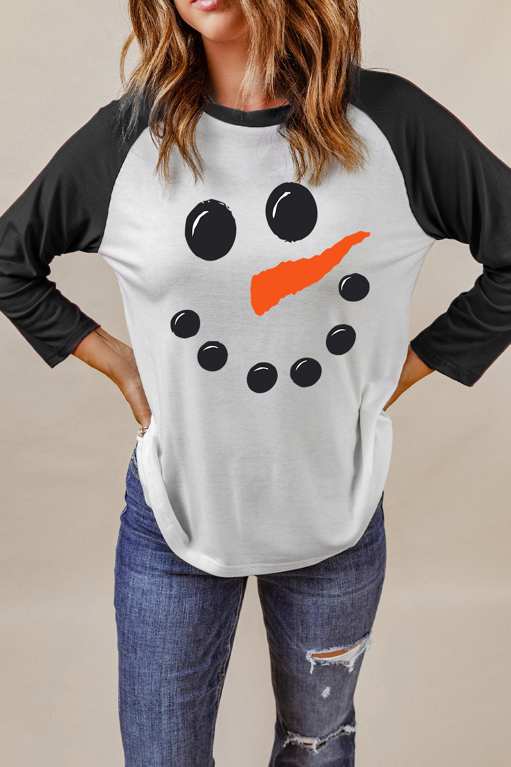 Black Christmas Snowman Face Print Color Block Top